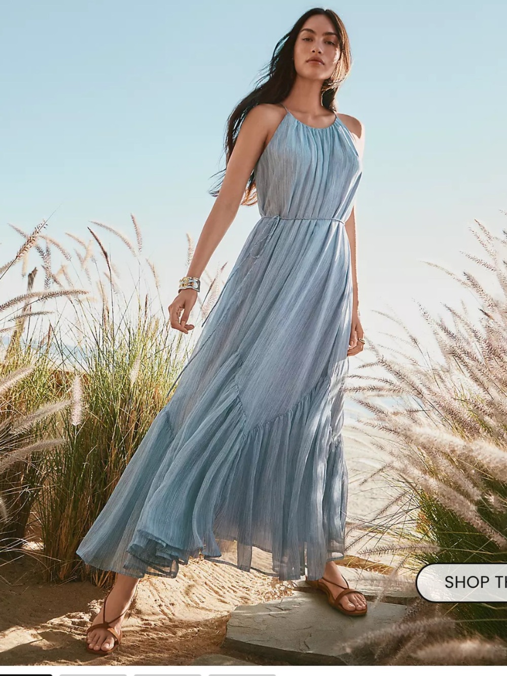 LOFT Pale Blue Striped Sleeveless Tiered Maxi Dress with Waist Tie